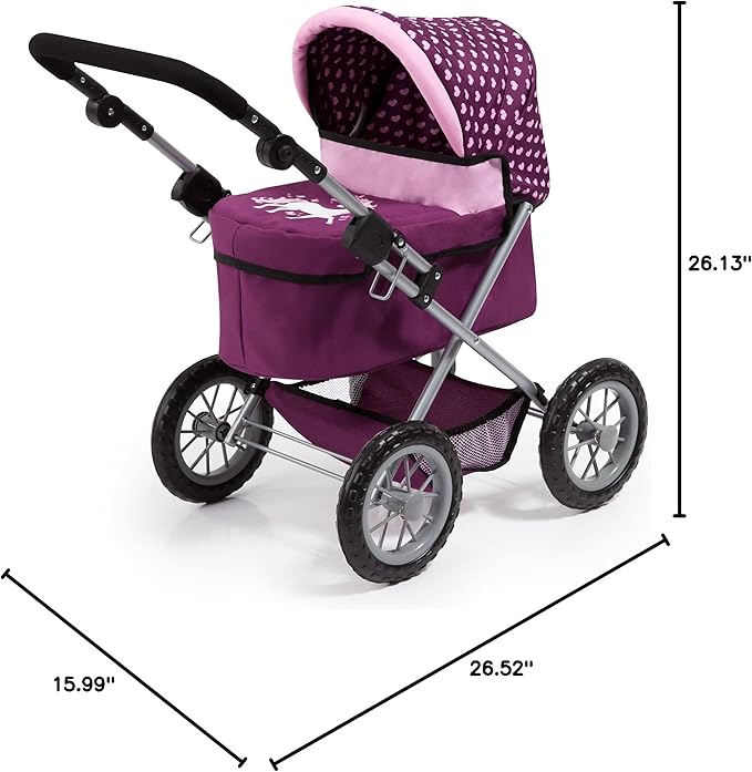 Bayer Design Dolls: Trendy Pram - Burgundy, Pink, Hearts - Includes Shoulder Bag, Fits Dolls Up to 18", Adjustable Handle, Kids Pretend Play, Shopping Basket, Easy to Fold, Ages 3+