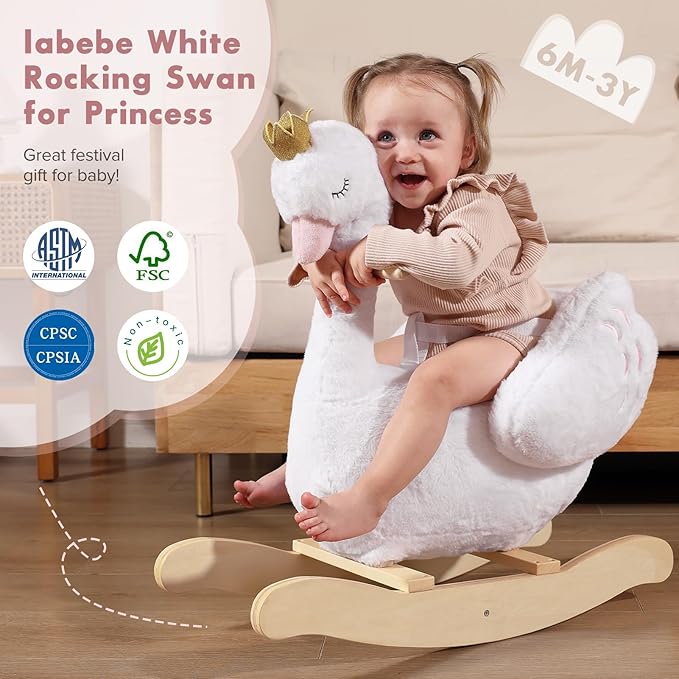 labebe Kids Rocking Horse White Swan with Little Plush Doll Toys, Stuffed Animal Wooden Rocker for Children 6 Months Boys and Girls/Nursery Christmas, Birthday Gift (Rocking Swan)