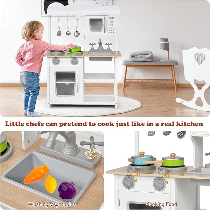 Costzon Kids Kitchen Playset, Wooden Pretend Toy Kitchen Set with Sink, Oven, Microwave, Stove, Pots, Utensils, Play Kitchen for Kids Toddlers, Gift for Boys Girls