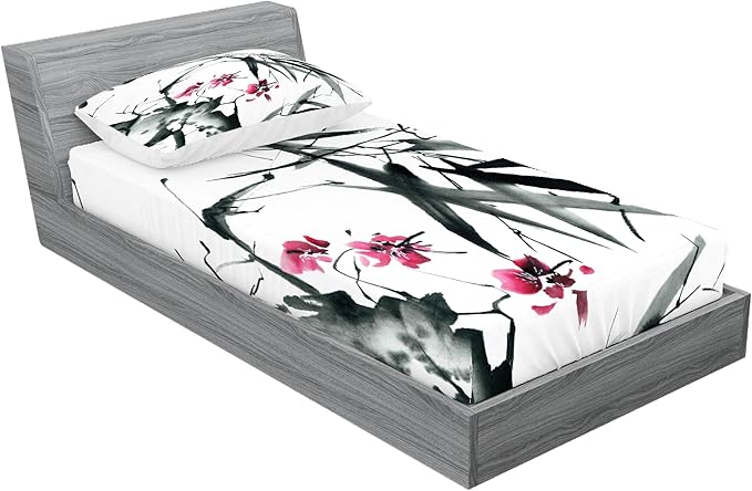 Ambesonne Japanese Fitted Sheet & Pillow Sham Set, Nature Concept Traditional Cherry Blossom Japanese Inspired Folk Print, Decorative Printed 2 Piece Bedding Decor Set, Twinxl, Dark Green and Fuchsia