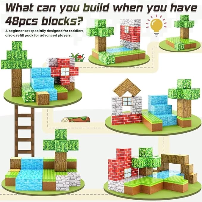 Magnetic Blocks-Build Mine Magnet World Edition, Magnetic Toys for Boys & Girls Age 3-4 4-5 6-8,STEM Montessori Sensory Toys for Toddlers Gifts for 3+ Years Old,48PCS Fidget 1" Cubes Construction Toy