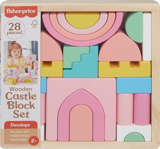 Fisher-Price Wood Toddler Toy Castle Block Set, 28 Wooden Pieces for Stacking Developmental Play Preschool Kids Ages 2+ Years