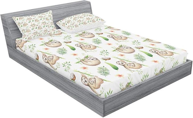 Ambesonne Sloth Fitted Sheet & Pillow Sham Set, Sloth and Mother Soft Colored Flowers Coconut Tree Leaves Happy Family, Decorative Printed 2 Piece Bedding Decor Set, Full, Pale Brown Green