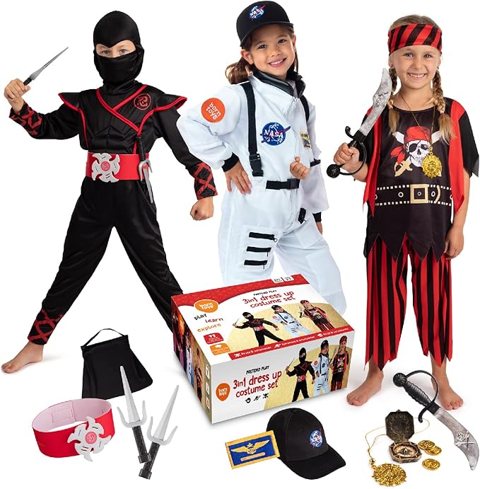 Born Toys 3-in-1 Kids' Dress Up & Pretend Play Set - Kids Pirate, Ninja & Astronaut Costumes for Ages 3-7