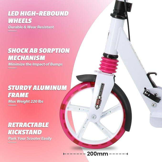 Scooter for Kids Ages 8+ Teens & Adults, Lightweight Kick Scooter with Carry Strap Adjustable Height Equipped with Front handbrake and Rear Brake, Big Sturdy PU Flash Wheels Great Gift & Toy