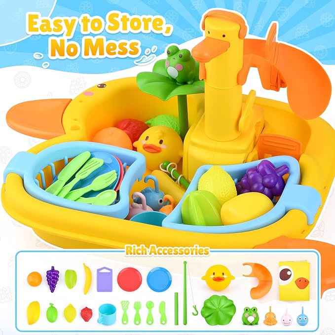 Play Sink with Running Water - Kitchen Kids Sink Toys with Fishing Game Toys for Floating Pool Water Play, Upgraded Electric Faucet & Water Slide Pretend Play Toys Kids Role Play Dishwasher Toy