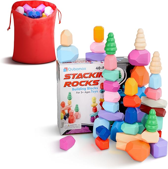 40 Pcs Wooden Stacking Rocks & Sensory Learning Toys for Ages 3-9 | Develops Motor Skills & Creativity for Girl or Boy - Stacking Blocks for Birthday Gift