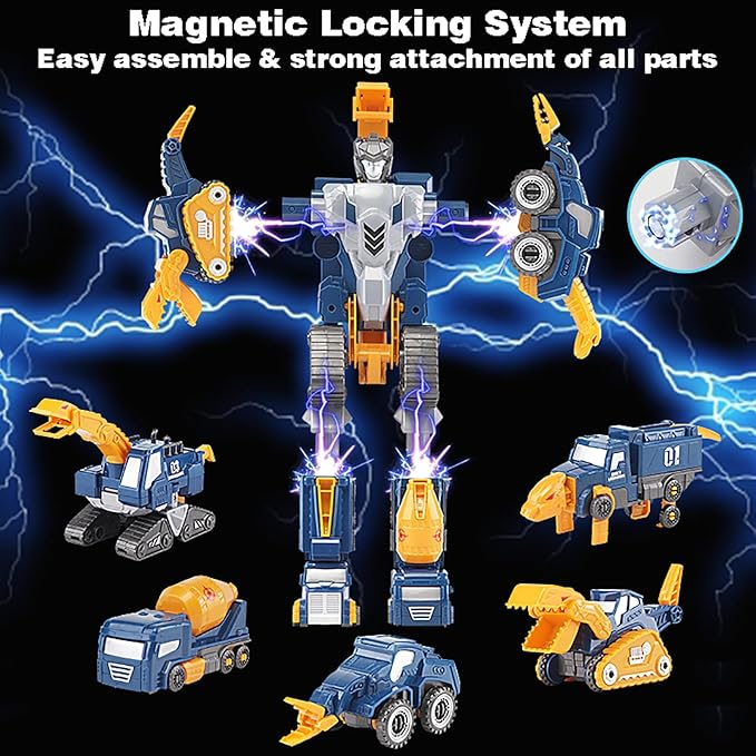 Toddler Construction Car Transform Set, 5pcs Dinosaur Rescue Robot with Magnetic Connectors, Assemble Building Trucks DIY STEM Toy, Holiday Birthday Present for Kids Boy Girl 3 4 5 6 7 Year