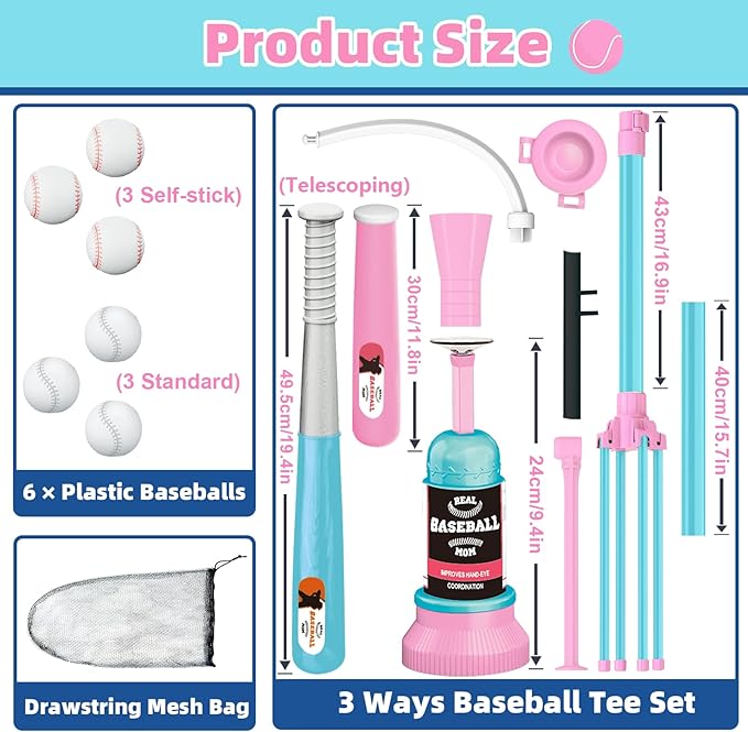 3-in-1 T Ball Set for Kids, Adjustable Height Hanging Baseball Batting Tee Set with 2 Bats, Teeball Hitting Stand, Ball Launcher for Toddlers, Sport Toys Outdoor/Indoor for Boys Girls