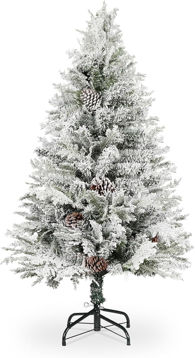 4ft Premium Hinged Artificial Holiday Christmas Tree for Home, Office, Party Decoration Snow Flocked Xmas Pine with 500 Branch Tips, Easy Assembly, Metal Hinges & Base (White)