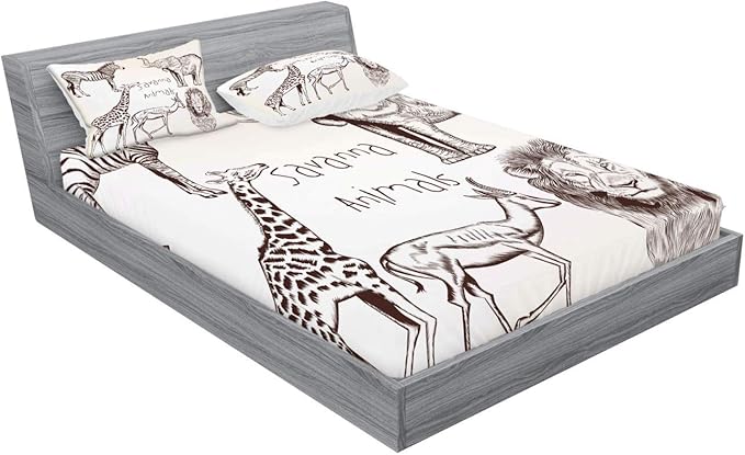Ambesonne Safari Fitted Sheet & Pillow Sham Set, Composition of Tropic Wild Savannah Animals Lion Giraffe Zebra Graphic, Decorative Printed 3 Piece Bedding Decor Set, Calking, Brown Cream