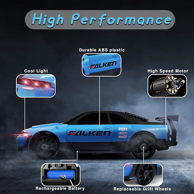1/24 4WD High Speed RC Car with LED Light, Two Rechargeable Batteries and Drift Tires, RC Car for Kids and Adults, Blue