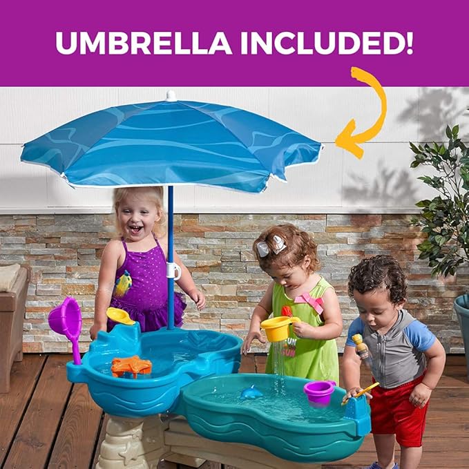Step2 Spill & Splash Seaway Water Table, Kids Two-Tier Water and Sand Activity Sensory Playset, Comes with Umbrella, Summer Outdoor Toys, 11 Piece Toy Accessories, For Toddles 1.5+ Years Old