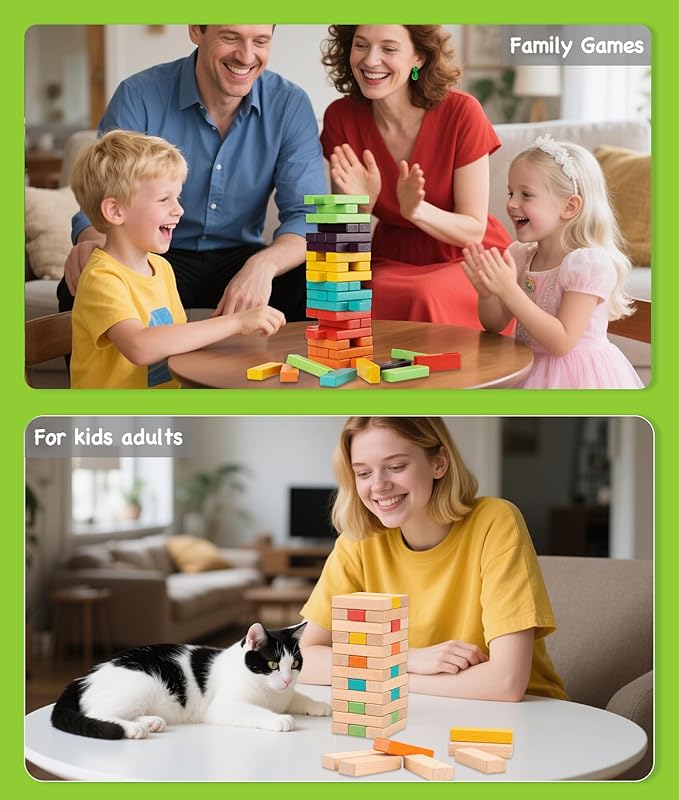 Tumble Tower Game – 54 pcs Wooden Blocks Stacking Game for Kids and Adults, Classic Family Board Game for Indoors Outdoors, Classic Size Timber Stacking Game Night Toy, Perfect for Party, Family Fun