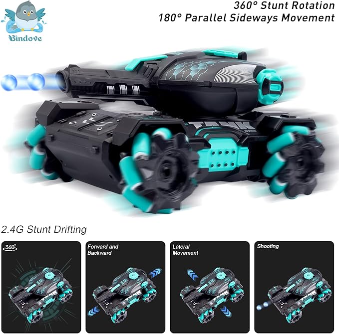 RC Stunt Tank with Light, Watch Gesture Sensor RC Tank Toy, 360 Rotation Remote Control Stunt Car Shooting Water Bullets, Gifts for Children (Black and Cyan)