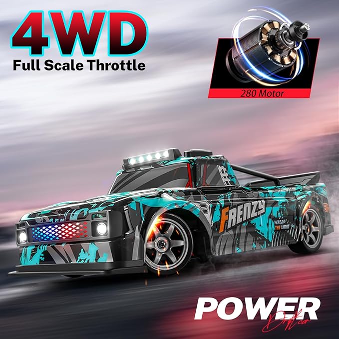 ACAMMZAR 1:16 RC Drift Car, 25KM/H 4WD High Speed Remote Control Cars for Kids, with LED Lights, Two Batteries, Extra Tires, Drift RC Cars for Adults