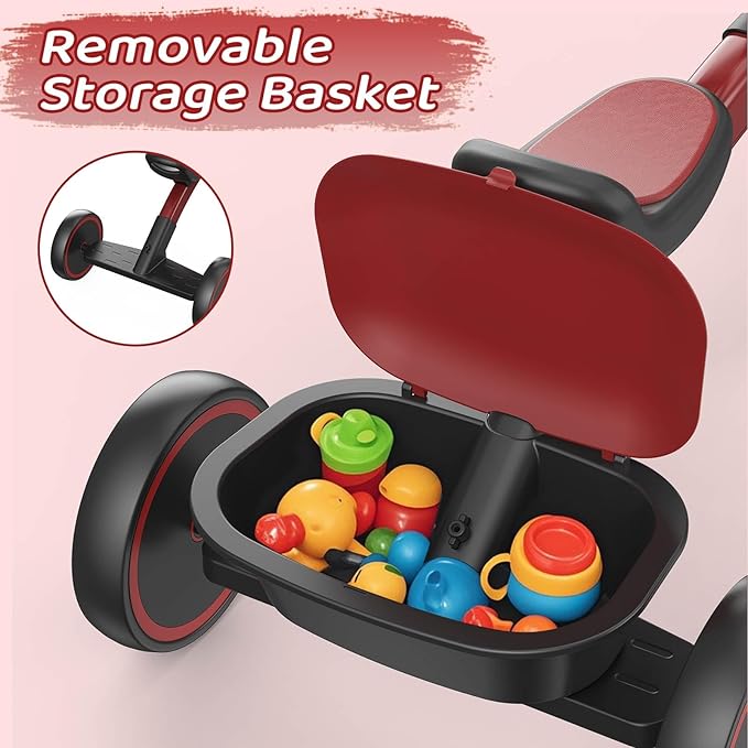 SEREED Toddler Tricycle for 2-5 Years Old Boys Girls, Adjustable Seat&Handlebar Trike, Removable Basket, Birthday Gift Idea for Kids Ages 2+ (Red Black)
