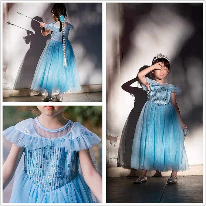 Princess Dresses for Girls Costumes Birthday Party Halloween Dress Up with Wig,Crown,Mace,Gloves Accessories 3-10 Years