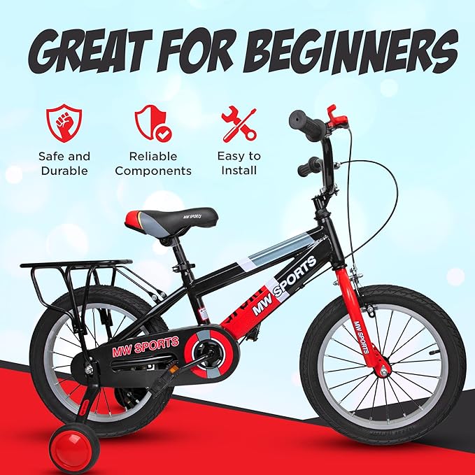 Slippery Racer MW Sports 16 inch Kids Bike with Removable Training Wheels, Hand Brakes and Back Relay Rack for Ages 4-6 Years.