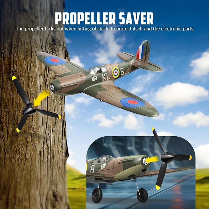 VOLANTEXRC RC Plane Spitfire Fighter 4CH Remote Control Airplane RTF with Aileron, Gyro, Aerobatics & 3 Modes to Fly, Hobby Radio Controlled Warbird Aircraft for Adults, Beginners, Boys (Green)