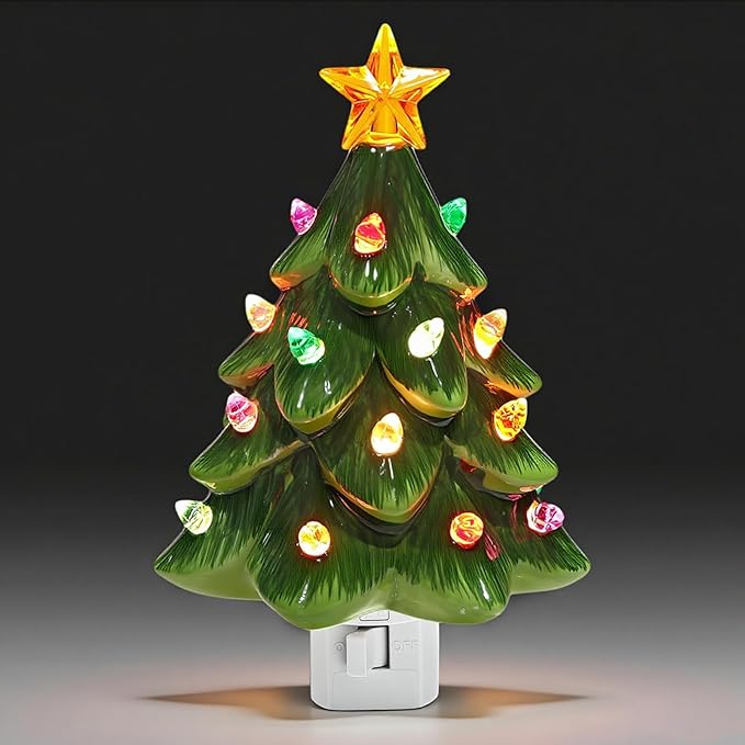 Christmas Decorations, Ceramic Christmas Tree Night Light, 1 Pack Vintage Christmas Decorative Night Light with ON/Off Switch, Holiday Decor Indoor for Bedroom & Hallway