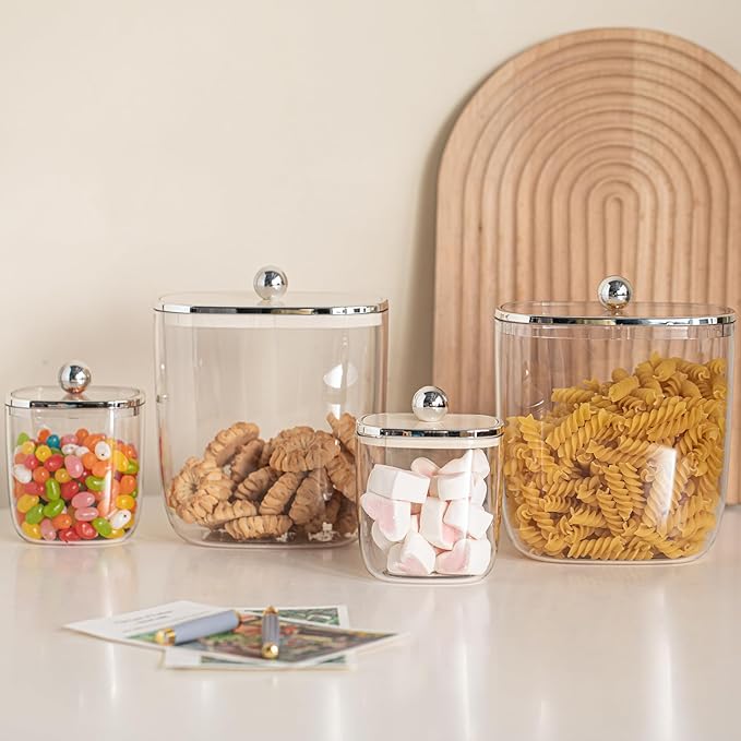 50oz Plastic Candy Dish with Lid for Office Desk, Cookie Storage Jar for Kitchen Counter, Plastic Apothecary Jar for Cotton Swabs, Balls, Cotton Pads, Floss Picks, Clear Lid, 1500ml