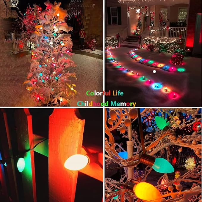 25Ft Christmas Lights Multicolor, C7 Vintage Christmas Light with 27 Colorful Ceramic Bulbs, Hanging Outdoor Christmas Lights for Christmas Tree Party Prom Wedding Holiday Patio Decor, White Wire