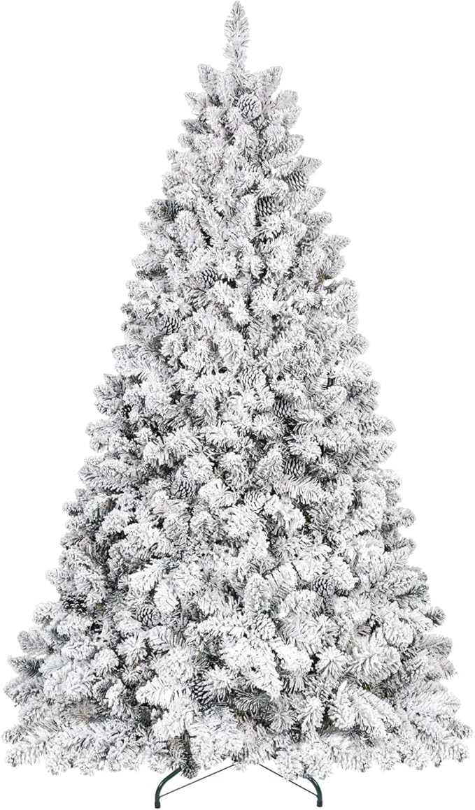 7.5ft Unlit Snow Flocked Christmas Tree, Artificial Christmas Tree with 1200 Branch Tips, Premium Spruce Full Xmas Tree for Easy Holiday Setup, Foldable Metal Base