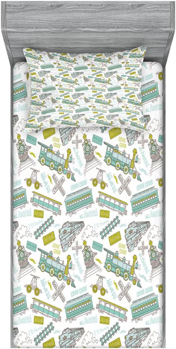Ambesonne Pastel 2 Pack Fitted Sheet & Pillow Sham Set, Train Pattern Travel Theme, 4 Pcs Bedding Decor, Package Contains 2 Twin Size Fitted Sheets & 2 Pillow Covers, Apple Green Turquoise