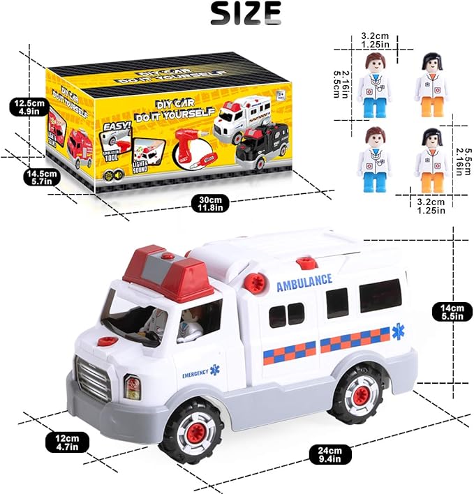 REMOKING Learning Take Apart Toy, Build Your Own Car Toy Ambulance Educational Playset with Tools and Power Drill, DIY Assembly Car Gifts for Kids with Realistic Sounds & Lights (3+ Ages)