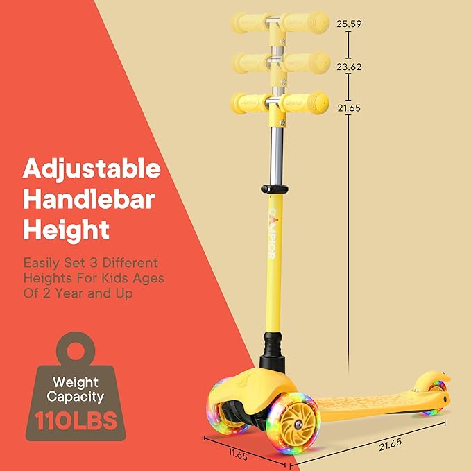 Yellow Mini 3 Wheel Scooter for Kids – Lean-to-Steer with LED Light-Up Wheels, Adjustable Handlebar, Wide Anti-Slip Deck, Smooth PU Wheels, Rear Foot Brake – Toddler Scooter for Ages 2+