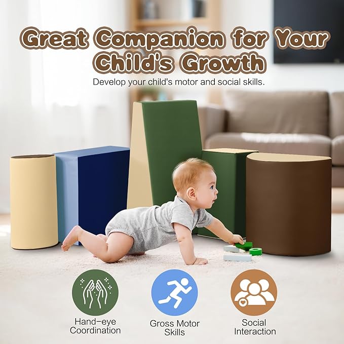Toddler Climbing Toys Indoor: 5-Piece Soft PU Leather Baby Climbing Blocks - Soft Play Climbing for Toddlers - Safe Baby Play Gym(Earthtone)