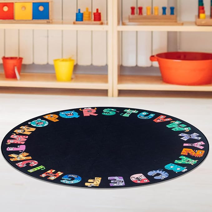 ABC Alphabet Rug for Kids, Classroom Playmat 5ft Non-Slip Circle Rugs for playroom, Round Area Rug for Elementary Classroom, Play Carpet for Boys Girls Bedrooms Playroom,Nursery Rugs-Black