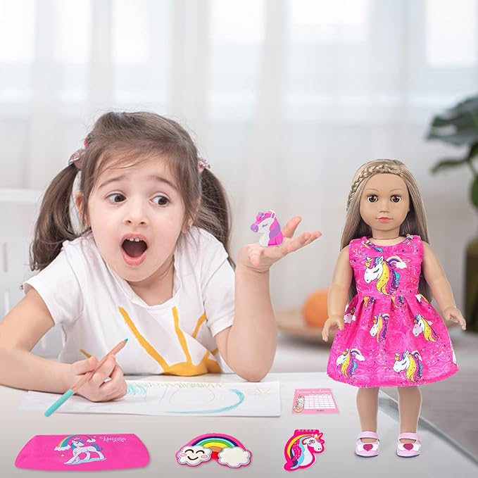 American 18 Inch Doll Accessories Stationery Set and Clothes Pink Unicorn Series for Kid's 18 Inch Doll