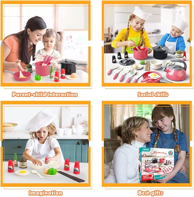 Bruvoalon 32Pcs Kids Play Kitchen Toys Set, Toddlers Pretend Cooking Playset Acccessories with Pots Pans, Utensils Cookware, Foods, Canned Veges, Learning Gift for Kids Girls Boys (Red)