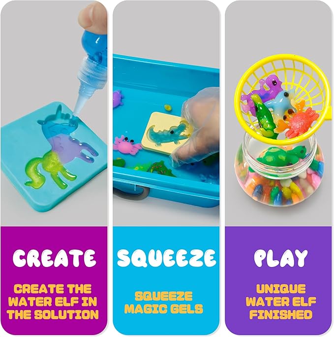 AGENTLAN Magic Water Elf Toy Kit,Aqua Fairy Squishy Making kit with 10 Water gels&8 molds,Magic Jelly elf,Glow in The Dark Water Pets Craft Kits,Sensory Toy Gift Ages 3 4 5 6 7 8 9