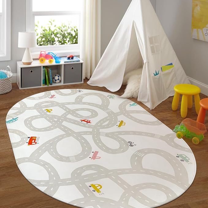 LIVEBOX Grey Car Rug for Playroom, 5'X7' Kids Play Mat for Boys and Girls, Large Road Traffice Rugs for Nursery, Washable Kids Rug Non-Slip Toy Car Mat for Bedroom Toddler Room