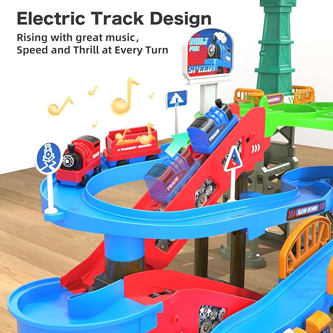 64PCS Train Engineering Adventure Track Toy for Kids 3+,Electric Climbing Ladder, Rotating Crane, Multi-Level Obstacles, Realistic Mining World with Parking&Gas Station,Ideal Gift