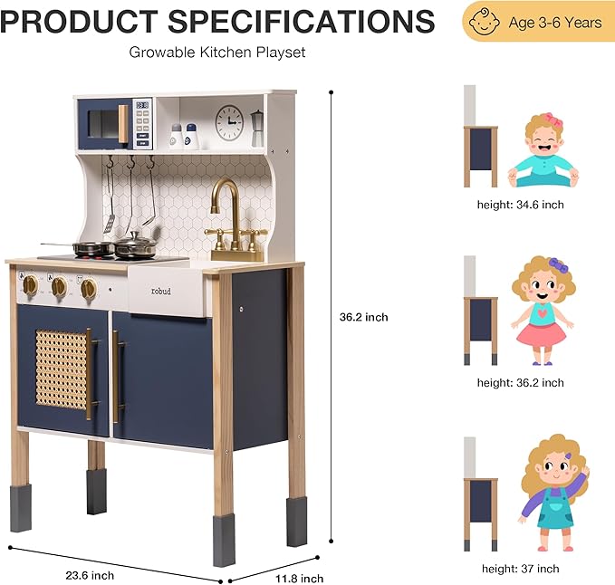 ROBUD Play Kitchen, Wooden Kids Kitchen Playset with Sounds & Lights, Pretend Play Kitchen Set for Toddlers, Gift for Boys & Girls, Vintage Style, 3+ (Gem Blue)
