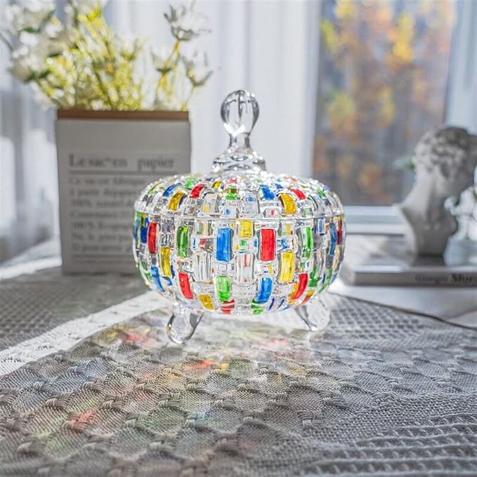 Elegant-Hand Painted Colorful Large Crystal Glass Candy Box,Candy jars with Lid,Storage Jewelry Jar,Candy dish covered,Great Gift for Family Friends-24 oz-Cute Candy servers.