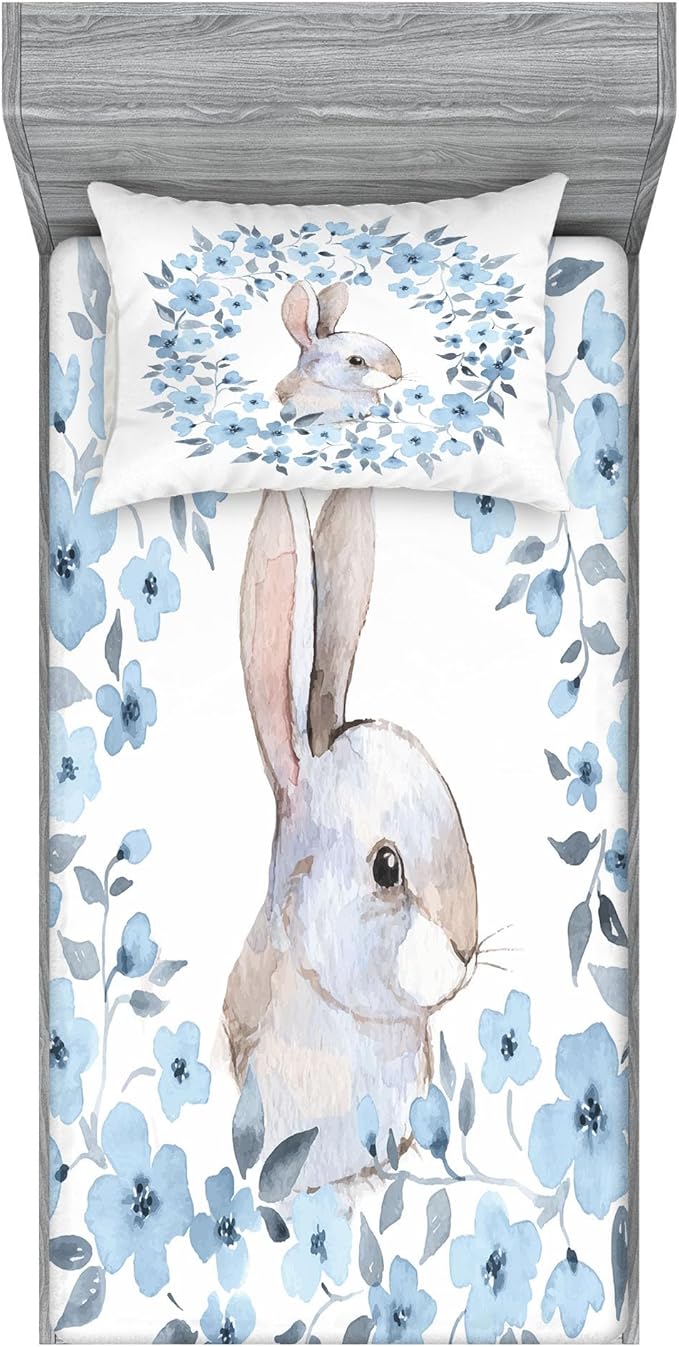 Ambesonne Watercolor Flower Fitted Sheet & Pillow Sham Set, Bunny Rabbit Portrait in Floral Wreath Illustration Country Style, Decorative Printed 2 Piece Bedding Decor Set, Twin, Blue White