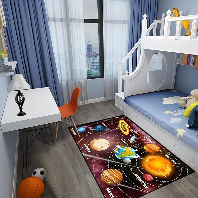 Space Rugs Educational Learning Black Large Size Solar System Carpet Rugs Kids Rug for Bedroom Boys Space Area Rug Living Bedroom, 3'×4'