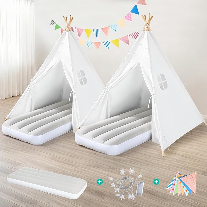 2 Pack Teepee Tent for Kids with Inflatable Airbed, Light, Indoor Toddler Sleepover Tents Children Room Tents for Slumber Party, Outdoor Kids Play Tent Play House for Girls & Boys