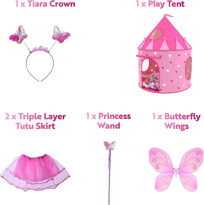 Playz 5-Piece Princess Castle Girls Pop Up Play Tent & Dress Up Costume Bundle - Playhouse Gift for Girls & Toddler for Indoor & Outdoor Use with Pink Fairy Tale Carrying Bag & Glow in The Dark Stars