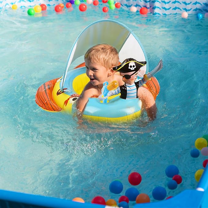 2X Thicken Inflatable Kids Pool Float with UPF 50+ Canopy Detachable,Pirate Ship Floaties with Captain & Water Gun,Swimming Pool Toys for Boys & Girls ,Toddlers ,Babies,Child,Summer Beach Outdoor Play