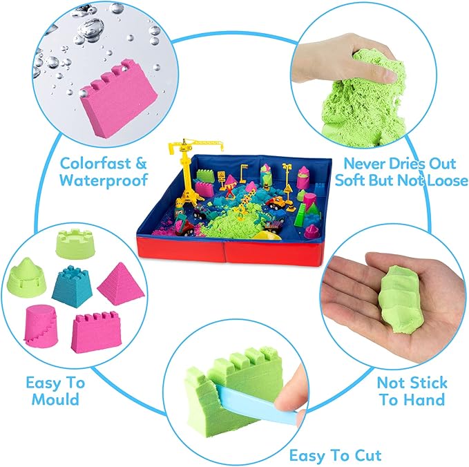 ThinkMax Sand Kit for Kids - 3lbs Sand, 6 Mini Construction Trucks, Toys, Signs, Castle Molds, Tools, Foldable Box and Storage Bin Tote - 43PCS Set for Boys Girls