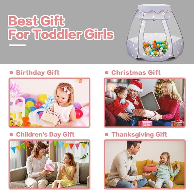 Baby Ball Pit for Toddler: with Star Lights - Pop Up Princess Play Tent for Kids - Indoor Outdoor Baby Girl Toys Birthday Gifts - NO Balls (Gray Tent)