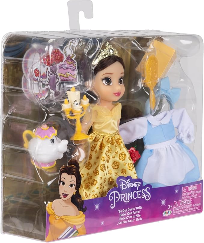 Disney Princess Belle Doll Be Our Guest Petite Belle Doll with Mrs. Potts & Lumiere, in Yellow Ball Gown and Blue Village Dress Fashions