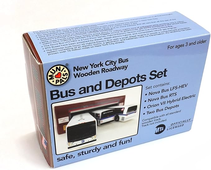 MUNI PALS Munipals New York City Bus Wooden Roadway Bus and Depot Set-Child Safe and Tested Wood Toy Busses