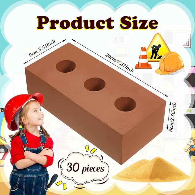 Deekin 30 Pcs Foam Brick Building Blocks for Kids Thick Blocks Foam Large Fake Brick Construction Toy for Stacking Construction, 8 x 4 x 2.4 in(Circle Holes)
